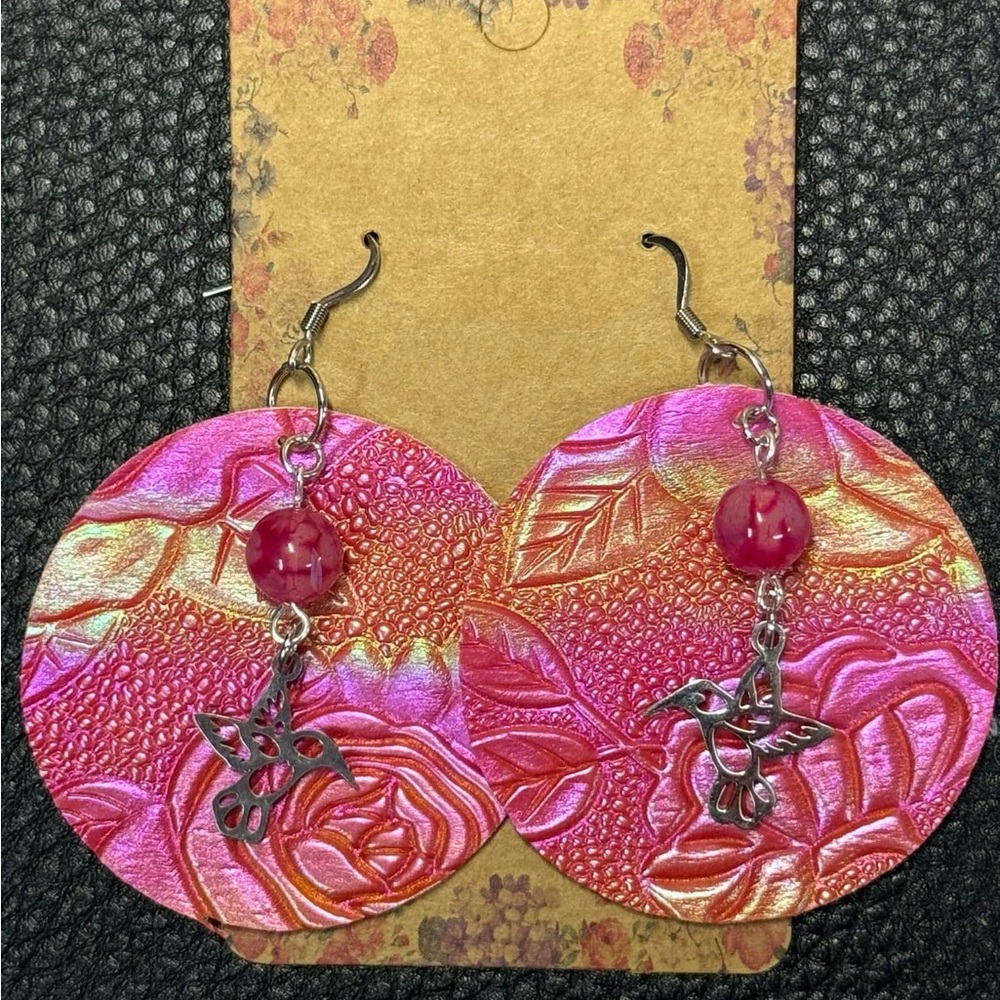 Handmade pink multi chrome faux leather round earrings